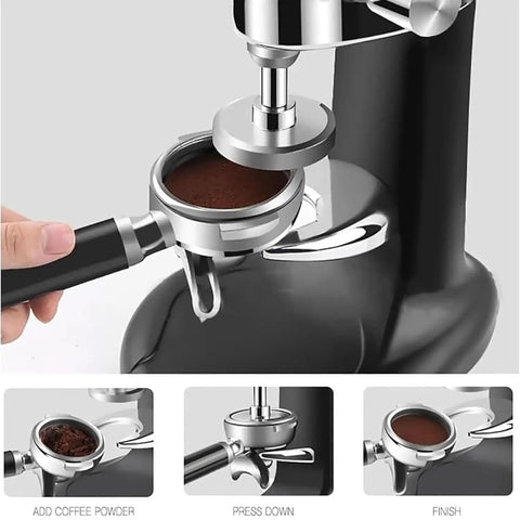 Top Shelf 58 Mm Coffee Tamper With Ergonomic Grip And Solid Steel Base For Zero Sweat Espresso Compaction And Barista Grade Pulls Straight From Your Kitchen Counter in use with coffee grounds.