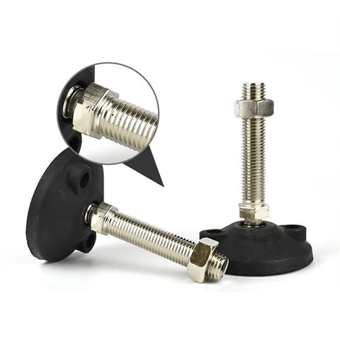 Four Adjustable Leveling Feet For Workbenches And Tables, 16mm Thread, 100mm Bottom, Nylon Foot Cups With Steel Bolts, Easy Floor Grip, Non Marking And Scratch Resistant, Ideal For Cabinets, Benches, Shelving And Heavy Duty Garages, black with steel threads