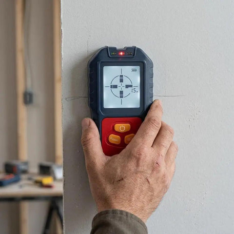 For Stud Finder Wall Scanner,5-in-1 Tester for stud Finder Metal Wire LCD in use against a wall with hand holding it.