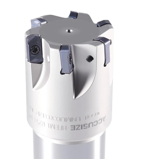 High Feed 1.5 Inch Indexable End Mill With 1.25 Inch Shank, 6 Flutes, TiAlN Carbide Coating, And LNMU030312R-JM Inserts