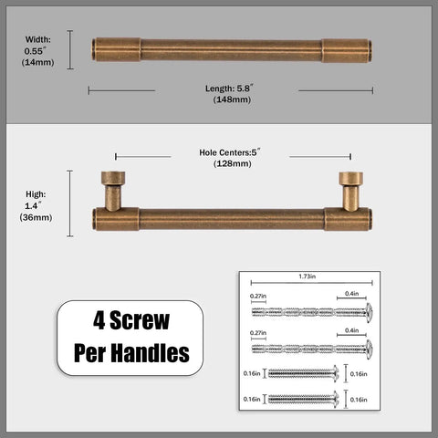 Dimensions of Antique Brass Cabinet Pulls 5 Inch 128mm, 10 Pack Kitchen Cabinet Handles, with screw sizes shown
