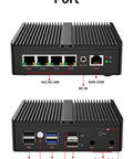 Silent Fanless Mini Pc Featuring Intel J6412 Processor, Quad 2.5 Gigabit Ethernet Ports, Sim Card Slot, 8 Gb Ram, 128 Gb Ssd, Hassle Free Setup And Knockout Speed showing rear ports and connections.
