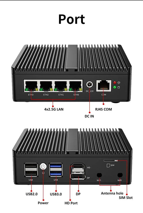Silent Fanless Mini Pc Featuring Intel J6412 Processor, Quad 2.5 Gigabit Ethernet Ports, Sim Card Slot, 8 Gb Ram, 128 Gb Ssd, Hassle Free Setup And Knockout Speed showing rear ports and connections.