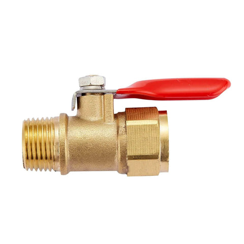 Heavy duty brass mini ball valve set with red handle, 3/8 NPT male to female fittings, ideal for tank drain and line control applications.