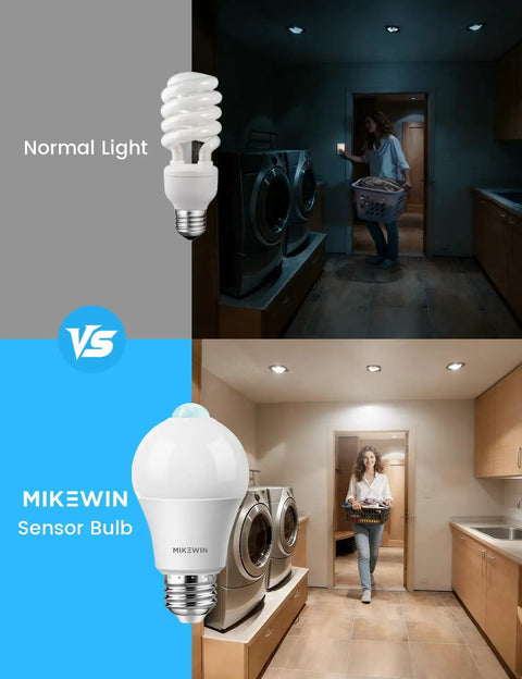 Comparison between normal light and Smart Motion Sensor LED Bulbs Outdoor Daylight 5000K, 4 Pack, 13W (100W Equivalent) in a laundry room