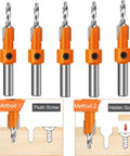 Pro Grade Wood Countersink Drill Bit Set With Ten Pieces And Five Extra Pilot Bits, Tapered Five Sixteenths Round Shank, ASNOMY