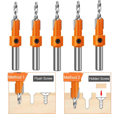 Pro Grade Wood Countersink Drill Bit Set With Ten Pieces And Five Extra Pilot Bits, Tapered Five Sixteenths Round Shank, ASNOMY