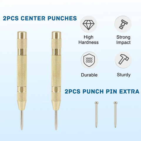 Automatic Center Punch Kit Two Piece Spring Loaded Center Marker Tool Heavy Duty Steel Adjustable With Extra Replacement Tips