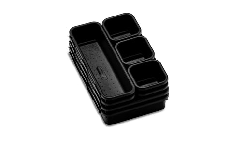 Stacked black 8 Piece Interlocking Bin Pack Junk Drawer Friendly Customizable Drawer Organizer Set For Office Kitchen Bathroom And Tools Durable Modular Storage Bins With Non Slip Feet For Easy Everyday Organization