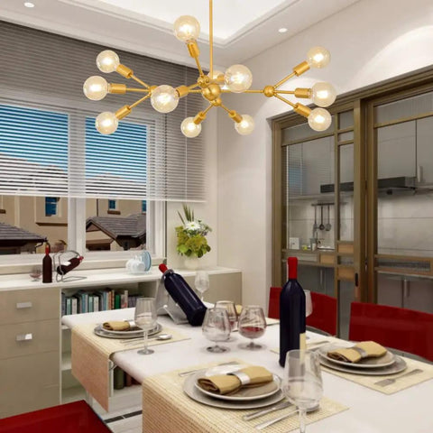 Modern Sputnik Chandelier 12 Light Gold Metal Ceiling Fixture for Living Room Bedroom Dining Kitchen and Office Dope Statement Lighting with E26 Base LED Compatible Bulbs Not Included 38.6 Inch Diameter above dining table
