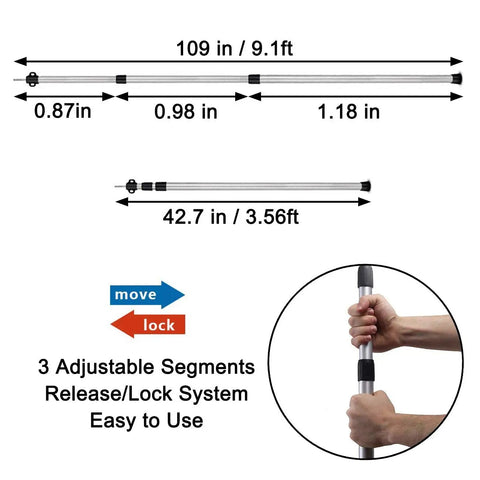 Two Pack Adjustable Tarp Poles Aluminum Telescoping Rods showing segment measurements and locking mechanism