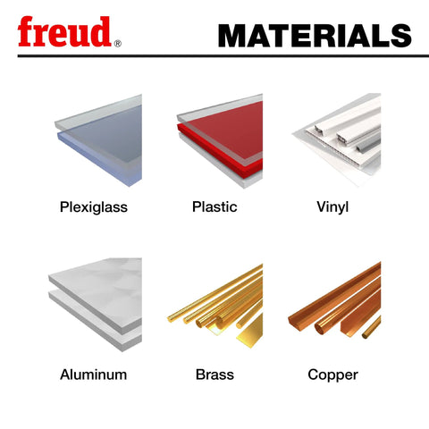 Blocks of Plexiglass, Plastic, Vinyl, Aluminum, Brass, and Copper materials, suitable for Pro Grade 300mm 96T Carbide Tipped Blade use.