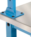 Heavy Duty Shop Beast 72X30 Industrial Workbench With Storage Drawer And Upright Shelf, Blue 304 Stainless Steel Top detail of blue frame and fasteners