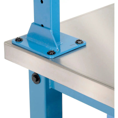 Heavy Duty Shop Beast 72X30 Industrial Workbench With Storage Drawer And Upright Shelf, Blue 304 Stainless Steel Top detail of blue frame and fasteners