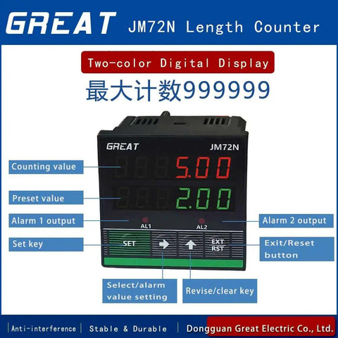 Rock Solid Digital Length Counter With Sturdy Measurement Wheel And Hella Precise Red Display For Simple Feet Meters Yards Inches Tracking Plus No Sweat Dual Relay Alarm Setup, showing double row digital readout.