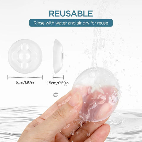 Transparent Door Stop Set With 9 Self-Adhesive Bumpers in hand, showing water rinsing for easy cleaning, 50x15 mm clear gel design