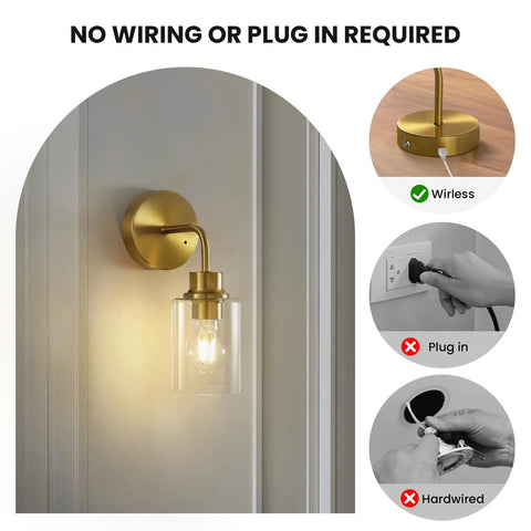 Battery Operated Wall Sconce Set Of Two With Remote Dimmable Wireless Cordless Gold Wall Lights 3000K Warm White Modern Lamps