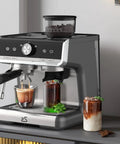 Pro Grade Espresso Coffee Machine With Built In Grinder And 20 Bar Pump Featuring Fast Steam Milk Frother Wand, gray with coffee cups.