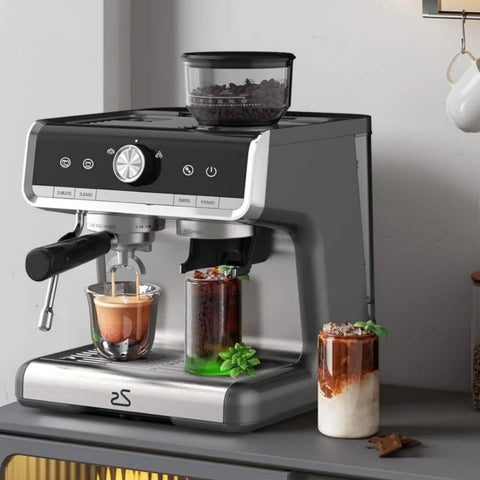 Pro Grade Espresso Coffee Machine With Built In Grinder And 20 Bar Pump Featuring Fast Steam Milk Frother Wand, gray with coffee cups.