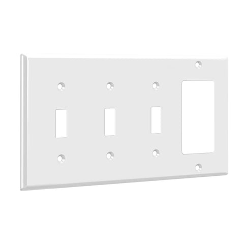 Combination Triple Toggle And Single Decorator Rocker Outlet Wall Plate Four Gang Standard Size 4.5 By 8.19 Inches Built Tough Durable Polycarbonate Thermoplastic UL Listed White