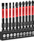 10-piece magnetic screwdriver bit set, 3-inch S2 steel bits with red bodies; PH1-3 and SL bits, 1/4 in hex shank in stand