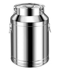 Heavy Duty 304 Stainless Steel Storage Bucket With Lid And Handle For Rice Grain Coffee Beans Dog Food Wine Milk Tank Tote Container Airtight Food Grade 9 25 Gallon Pail, front view with secure lid and clamps.