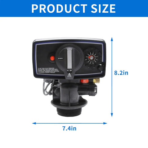 Front view of 12 Day Timer Water Softener Valve Replacement for Whole House Systems displaying measurements.