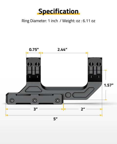 Dimensions diagram of Cantilever 1 Inch Offset Dual Ring Scope Mount For Picatinny Rails One Piece Aluminum Unibody Construction