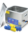 600W heated ultrasonic cleaner, 15L stainless steel with wire basket and blue control panel; front-left view with gloves included.