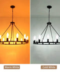 31.5 Inch Wagon Wheel Chandelier With 12 Lights Black Industrial Rustic Farmhouse Ceiling Fixture Warm and Cold Light Settings