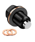 Universal M14 X 1.5 Magnetic Oil Drain Plug With Crush Washer Gaskets For Most Cars, CNC Aluminum Engine Oil Pan Bolt Kit That Traps Debris And Stops Leaks Like A Boss. black M14 x 1.5 magnetic oil drain plug with copper crush washers
