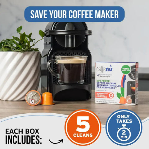 Nespresso Compatible Cleaning Pods, Five Cleaner Capsules To Boost Coffee Flavor, For OriginalLine Machines, box and pod