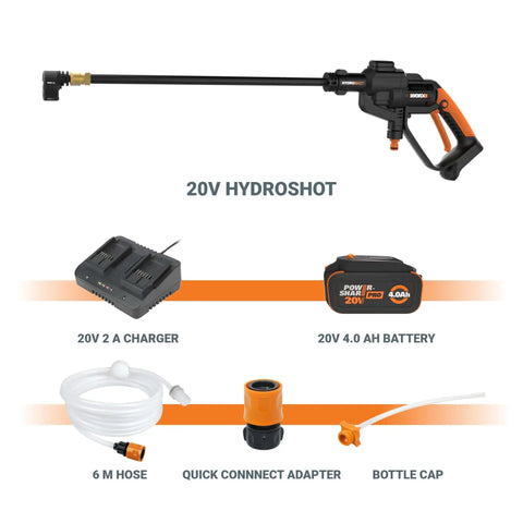 Hydroshot 320 PSI Portable Power Cleaner With 20V Power Share System, shown with battery, charger, hose, and adapter.
