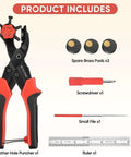 Beefy Heavy Duty Leather Hole Punch Tool Set With Multi Size Punches For Belts, includes 6-hole puncher, brass pads, screwdriver, file, ruler.