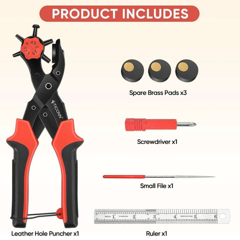Beefy Heavy Duty Leather Hole Punch Tool Set With Multi Size Punches For Belts, includes 6-hole puncher, brass pads, screwdriver, file, ruler.