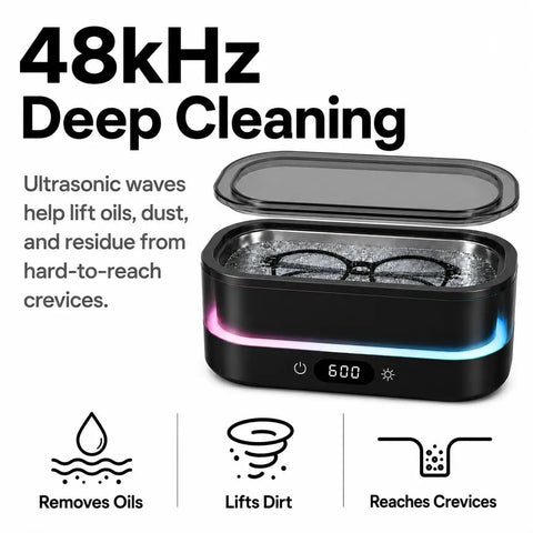 Heavy Duty Ultrasonic Cleaner Harnesses 48Khz Sonics To Slash Through Gunk On Jewelry Glasses Retainers Dentures And Watches While Providing A Quiet Digital Timer And Vibrant Led Ambient Lighting For Smooth Cleanup with glasses in water.