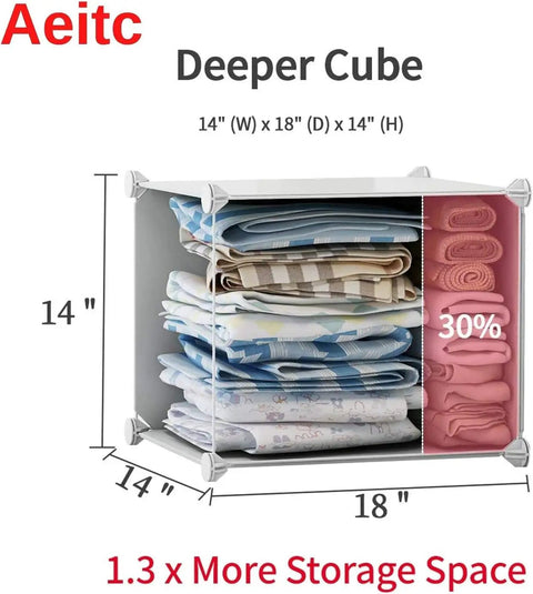 Massive 12 Cube Storage System With 14x18x14 Each for clothes DIY closet organization showing folded clothes inside cube