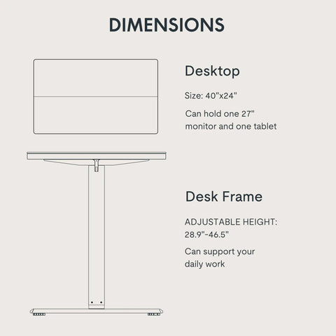 Dimensions of FLEXISPOT 40x24 Inch Electric Standing Desk White Ergonomic Height Adjustable Sit Stand Workstation.