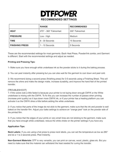 DTFPower recommended settings chart for printing with Instant Hot Peel Cold Peel DTF Transfer Paper Roll 13 Inch X 328 Feet.