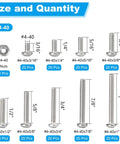 240 Pieces 4-40 Phillips Pan Head Machine Screws Nuts And Washers Assortment Kit size chart with 304 stainless steel screws