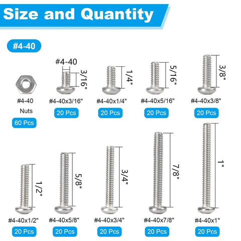 240 Pieces 4-40 Phillips Pan Head Machine Screws Nuts And Washers Assortment Kit size chart with 304 stainless steel screws