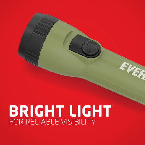 Close-up of green flashlight from 8 Pack LED Flashlights With Batteries Included, Beast Bright Handheld Flashlights For Camping, Road Trips, Car Emergencies, Power Outages, 30 Hour Runtime, Built Tough For Everyday Use on red background.