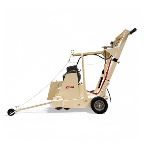 Rugged No Fuss 18 Inch Electric Walk Behind Saw Equipped With A Game Changing Five Horsepower Motor For Clean Down Cutting Up To Six And Three Quarters Inches Engineered For Daily Grind Success, side view of the machine.