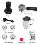 EzBru 1000 58mm Commercial Espresso Machine accessories including 58mm portafilter, tamper, milk pitcher, and barista kit tools.