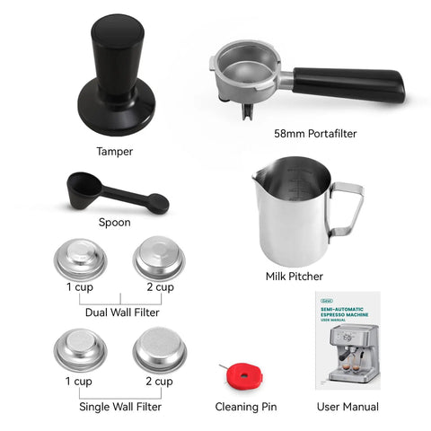 EzBru 1000 58mm Commercial Espresso Machine accessories including 58mm portafilter, tamper, milk pitcher, and barista kit tools.