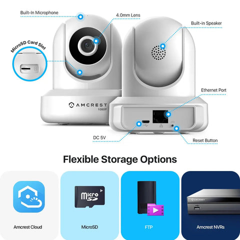 Two Pack ProHD 1080P WiFi Security Cameras With Pan Tilt And 2 Way Audio, Optional Cloud Recording, features and storage options