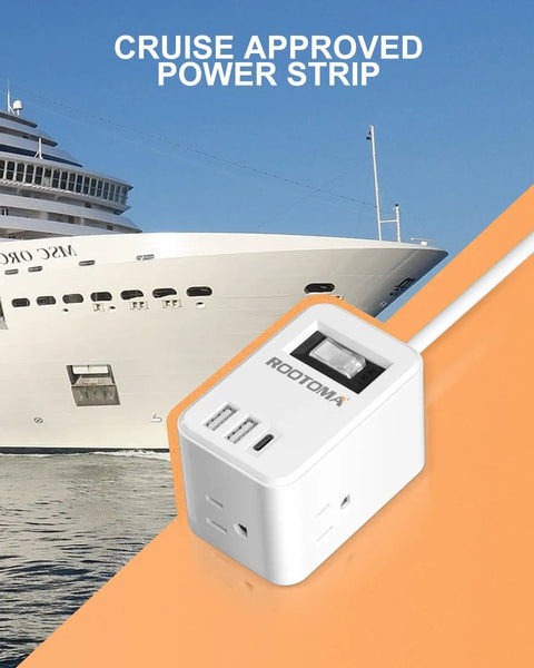 Flat Plug Power Strip With Six Foot Cord, Three Outlets And Three USB Ports Plus USB C, Travel Extension Cord for cruises