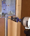 Power Conduit Reamer With Improved Bit Retention in drill, reaming 1/2 inch conduit, metal box installation, made in USA