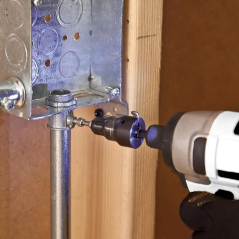 Power Conduit Reamer With Improved Bit Retention in drill, reaming 1/2 inch conduit, metal box installation, made in USA