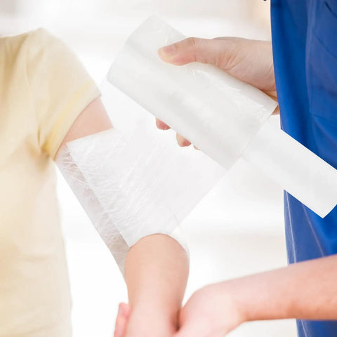 Heavy Duty Clear Stretch Wrap Film With Built In Handle, 4.7 X 492 Feet, being used to secure an arm wrap.